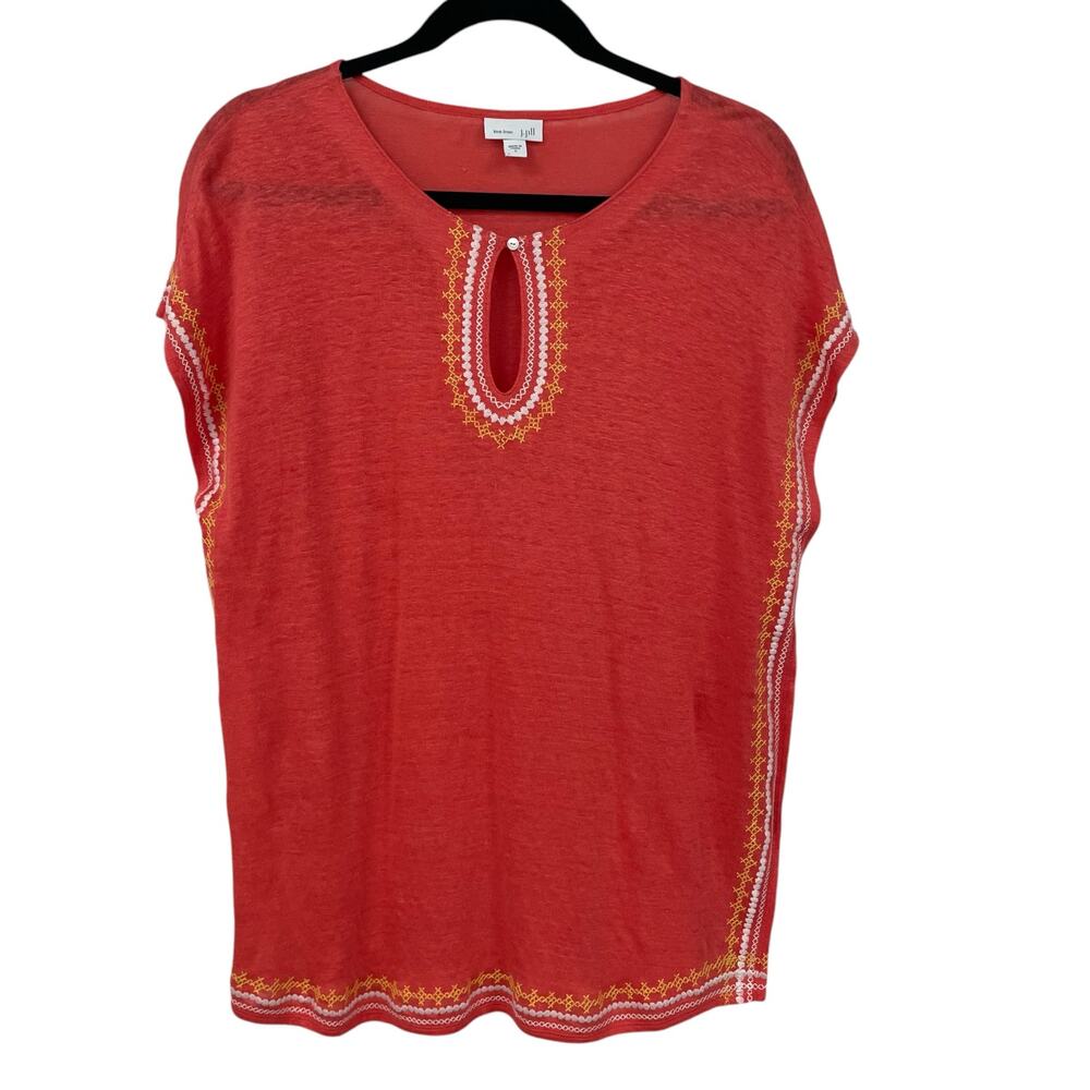J. Jill Love Linen Keyhole Cut Out Embroidered Tunic Top Coral Orange Size Small